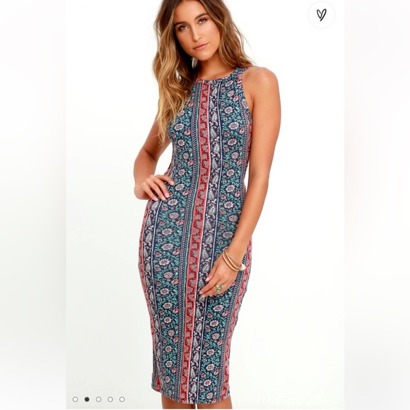 Lulus Kiss the Sky Navy Blue Print Midi Dress. Size XS. - Picture 3 of 12